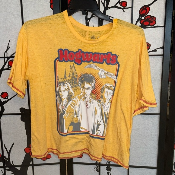 Harry Potter XL Hogwarts Lightweight Gold Red Blue Crop Top Short Sleeve TShirt - Picture 1 of 6